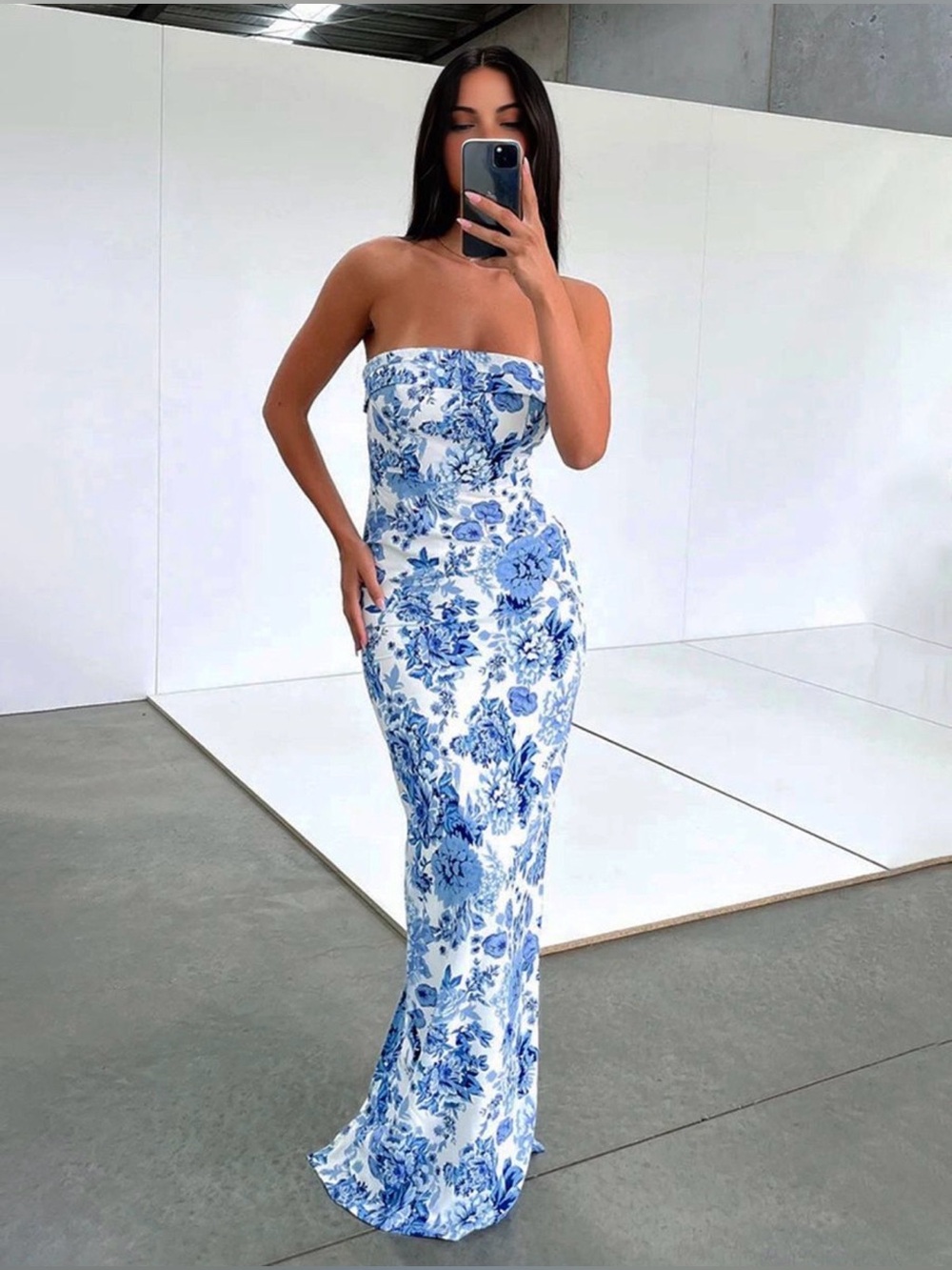 Commense Strapless Blue Floral Maxi Dress